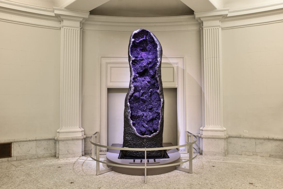 The new Allison and Roberto Mignone Halls of Gems and Minerals will feature a sparkling 12-foot-tall amethyst geode, on temporary view in the Museum’s Grand Gallery through the 2017 holiday season. This geode, which weighs more than 9,000 pounds and is among the world’s largest, was recently collected in the Bolsa Mine in Uruguay. (© AMNH/D. Finnin)